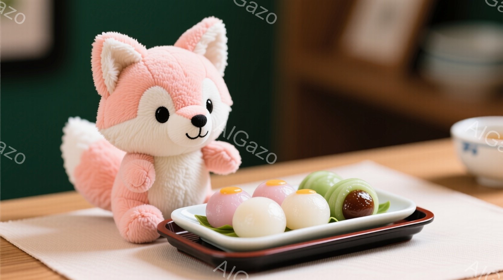 薄桃色のふわふわとした子ギツネのぬいぐるみと、白皿に並べられた団子が写っている。団子はピンク、白、緑、茶色の四色で、皿は赤い縁取りのある白い四角い皿である。背景には木製の棚と茶色のカップが見え、全体的に穏やかで優しい雰囲気である。