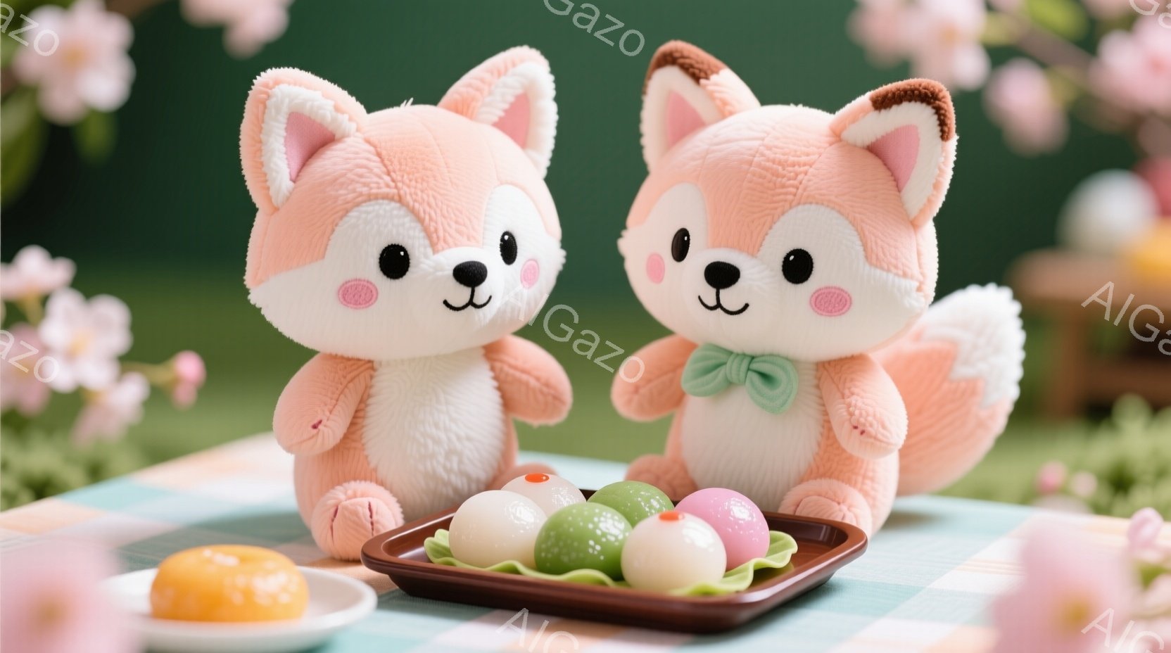 人形は小さな赤色のキツネコのような外見を持っています。二つの人形が前向きになり、表情が柔らかいため、穏やかで親しみやすい印象を与えることが多いです。背景は花の入った庭で、春日出であり、明るく温かく透明 - AI生成フリー素材