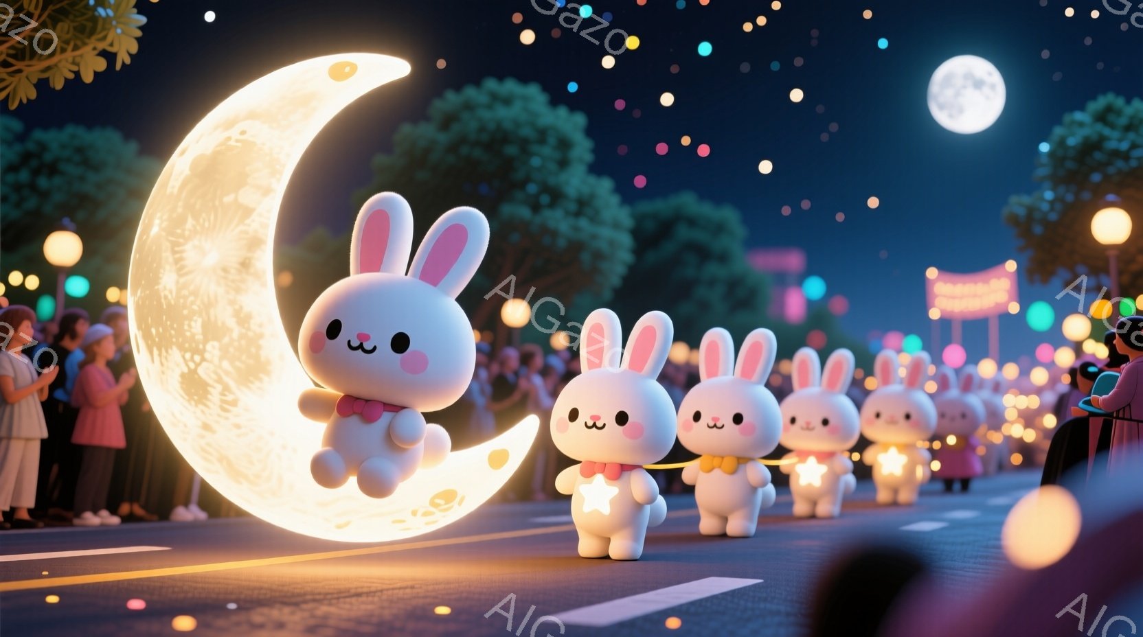 夜の街を、可愛らしいウサギのパレードが進行している様子が描かれています。ウサギたちはそれぞれ小さな光を放つ星の飾りを身につけ、満月型のフロートに乗って行進しており、楽しそうな表情をしています。背景には - AI生成フリー素材