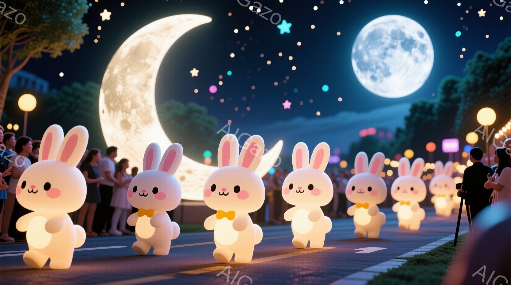 夜の街を光るウサギのパレードが行われています。ウサギたちは白いボディに黄色い蝶ネクタイをつけ、整列して前進しています。背景には満月が輝き、観客や街路樹、そして夜空を彩る星々が、幻想的な雰囲気を醸し出しています。