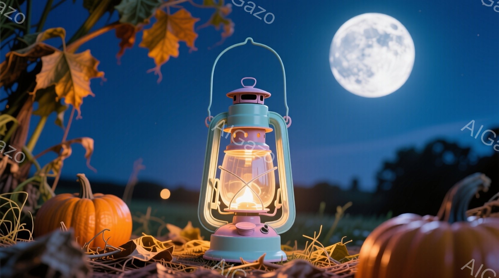 青々としたカボチャ畑で、水色の提灯が明るく光っている。提灯の周りには乾燥した葉や藁が散らばっており、背景には丸い満月と緑の植物が見える。 全体的に、静かで幻想的な、秋の夜の雰囲気が漂っている。