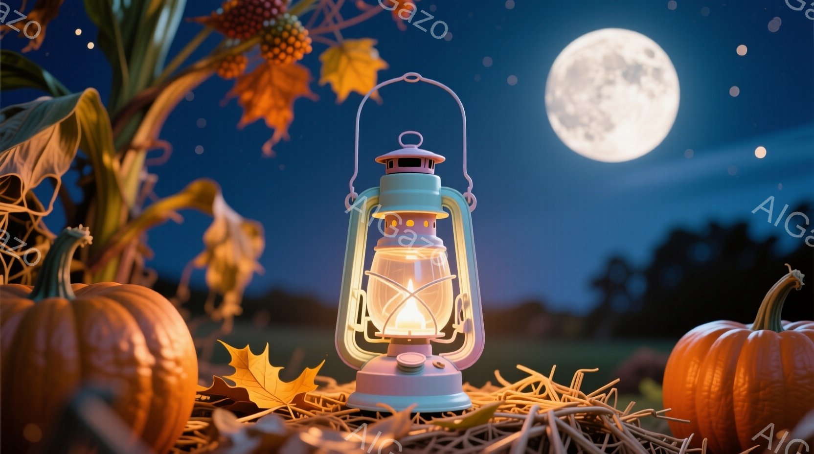 夜の秋の風景が描かれています。中央には、温かい光を放つ、レトロな提灯が置かれ、周囲にはカボチャや枯れ葉、そして藁が散らばっています。背景には深い青色の空と満月が輝き、秋の静かで幻想的な雰囲気を醸し出しています。