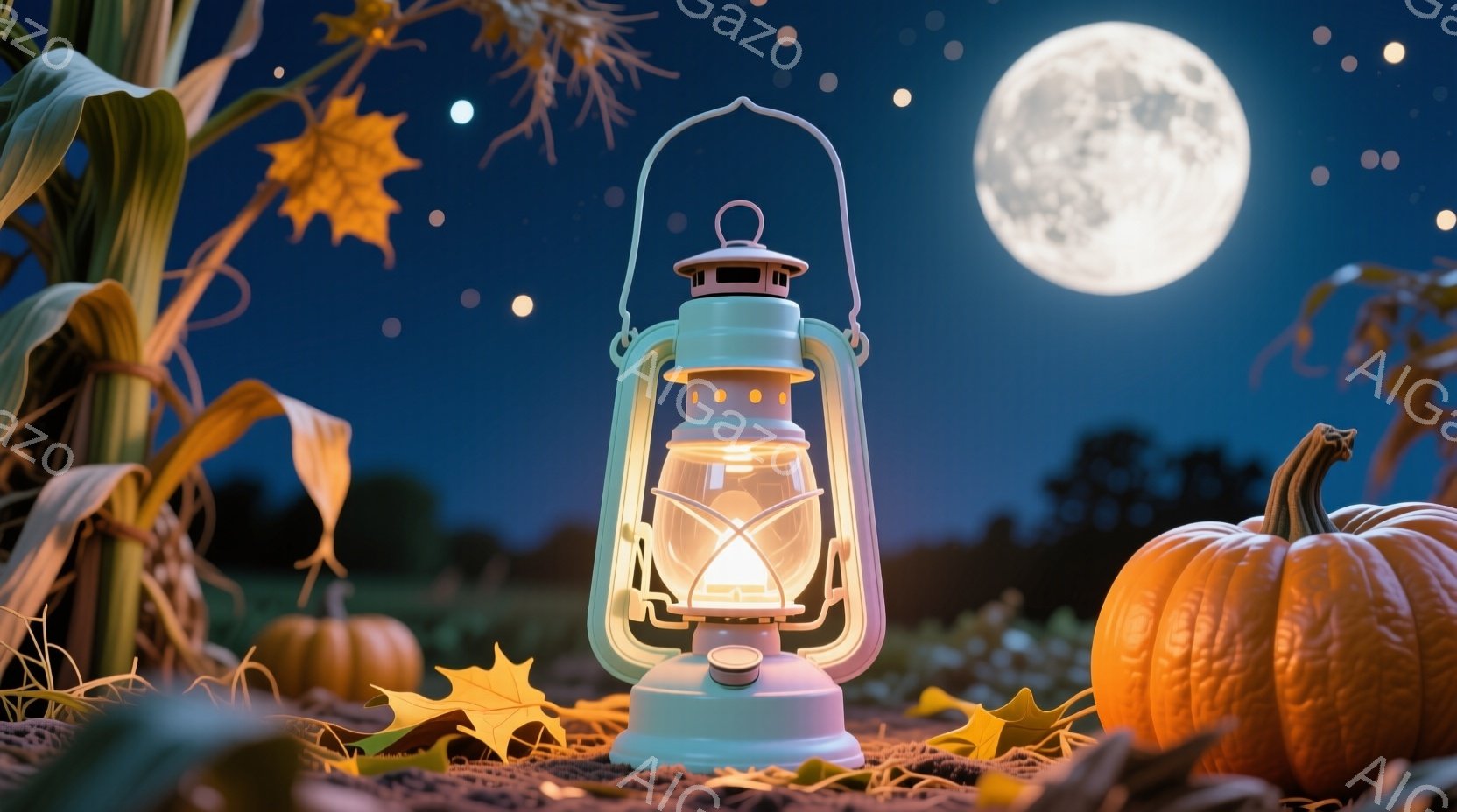 暗い土の上に、水色の提灯が置かれており、温かい光を放っている。周囲にはカボチャや乾燥したトウモロコシの葉が散らばり、背景には満月が輝いている夜の農園の様子が描かれている。全体的に、ハロウィンや収穫祭を - AI生成フリー素材