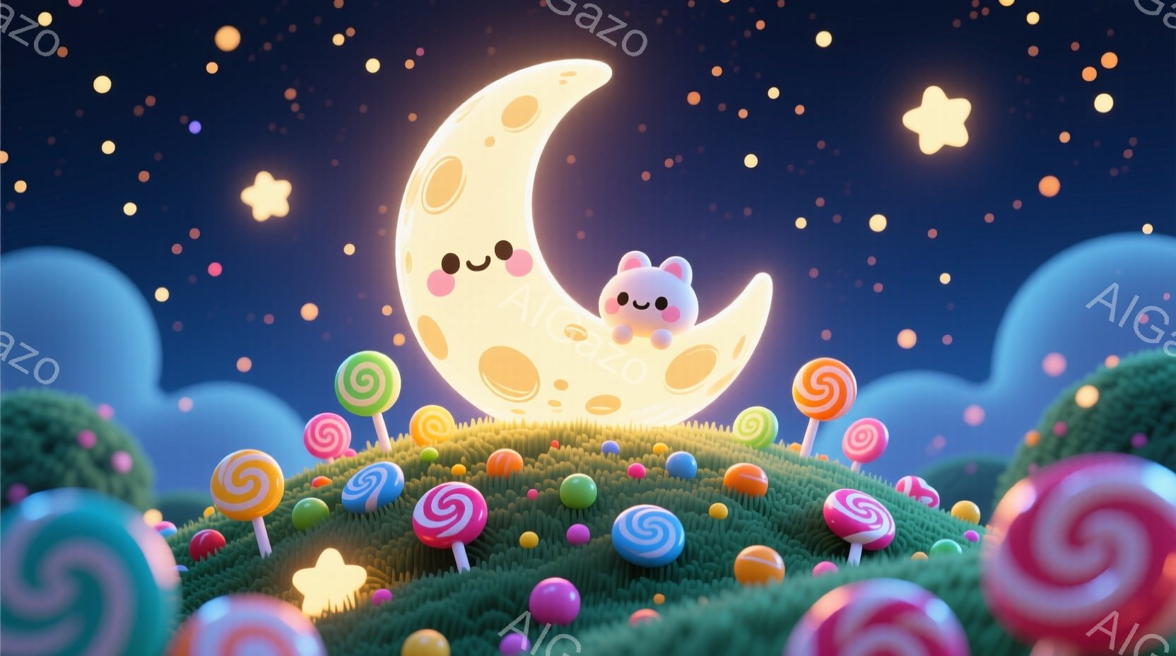 鮮やかな緑の丘の上に、笑顔の月が立っています。周りにはカラフルなキャンディが並び、背景には丸い雲と星が散りばめられて、おとぎ話のようなファンタジックな雰囲気を醸し出しています。全体的に明るく、夢のよう - AI生成フリー素材