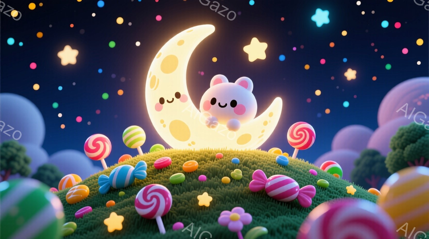 丘の上に輝く三日月型の生き物が描かれています。その生き物は白いふわふわとした毛並みで、大きな耳と微笑みを浮かべており、とても愛らしい表情をしています。背景にはカラフルなキャンディや花が散りばめられ、パ - AI生成フリー素材