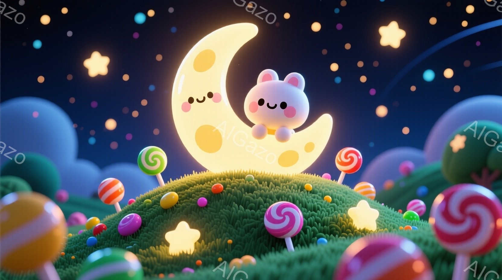 クリーミーな月が緑の丘の上に座っており、可愛らしい表情をしています。丘の周りにはカラフルなキャンディや星が散りばめられており、背景には丸みを帯びた形の雲が浮かんでいます。全体的に、甘くて夢のような、楽 - AI生成フリー素材