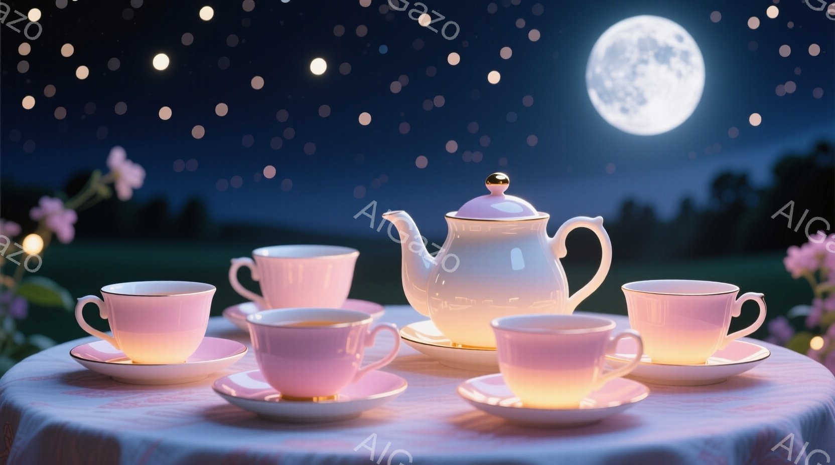 白いテーブルクロスの上に、桃色のティーポットとティーカップが並べられています。夜空には満月と無数の星が輝き、テーブルの周りをピンク色の花が縁取っています。幻想的で穏やかな夜のティータイムの雰囲気が漂っ - AI生成フリー素材