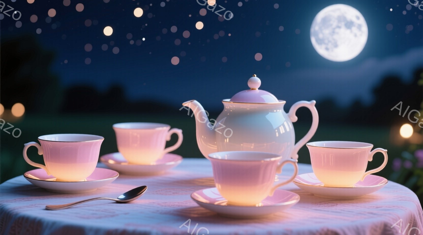夜の庭に、淡いピンク色のティーセットが並べられている。満月が輝き、周囲にはぼんやりとした光の玉が浮かび、幻想的な雰囲気を醸し出している。テーブルクロスは明るいピンク色で、穏やかで優雅な夜のティータイムを連想させる。