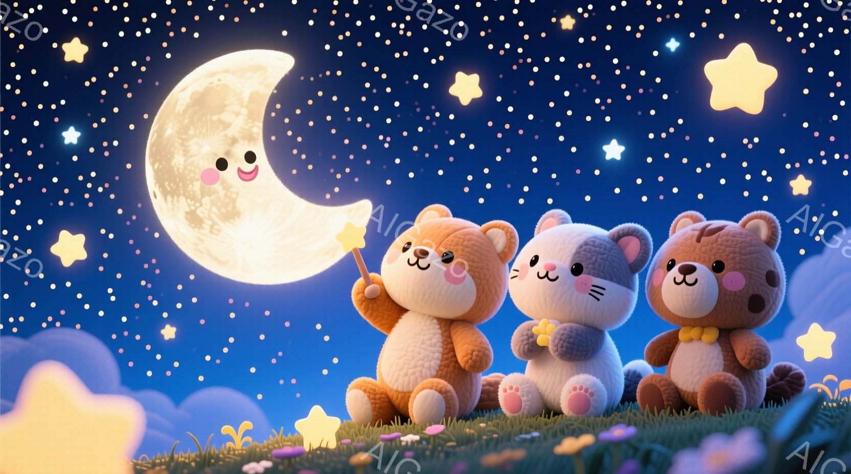 ふわふわのクマのぬいぐるみたちが青い夜空の下、緑の丘の上に座っています。左のクマは手に星の形をした光る棒を持っており、真ん中のクマは手に黄色い花、右のクマは手にオレンジ色の実を持っています。背景には満 - AI生成フリー素材