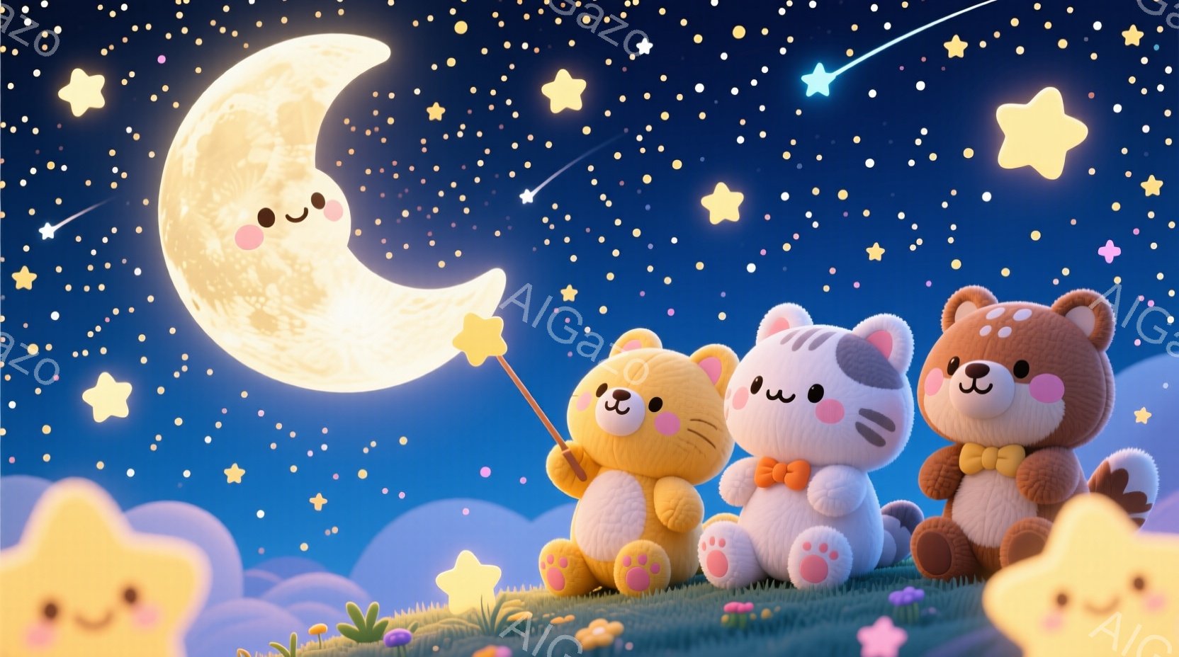 ふわふわとした動物たちが丘の上に座っており、笑顔で夜空を見上げています。クリーム色の三日月とキラキラと輝く星が背景にあり、ピンクや緑の草の丘には可愛らしい雲の形のオブジェクトが点在しています。全体的に - AI生成フリー素材