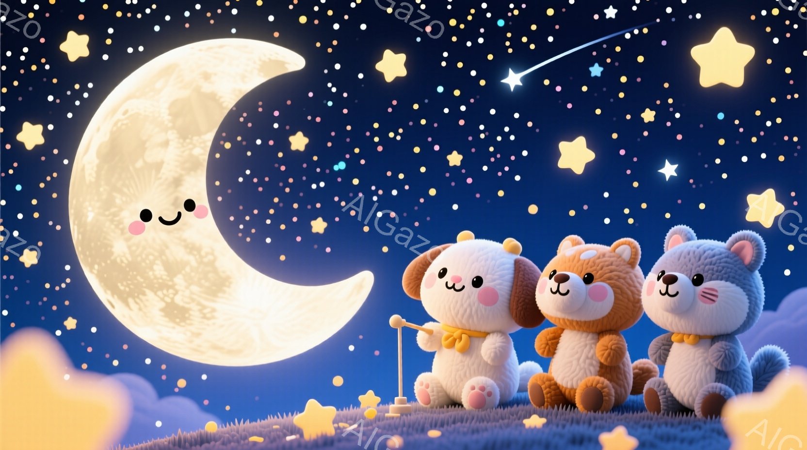 夜空を背景に、三匹のかわいい動物たちが並んで座っています。それぞれ白い子犬、茶色い犬、三毛猫で、全員白いリボンをつけています。満月と星空が背景に広がり、キラキラと輝く星が夜空を彩り、全体的に暖かく幻想 - AI生成フリー素材