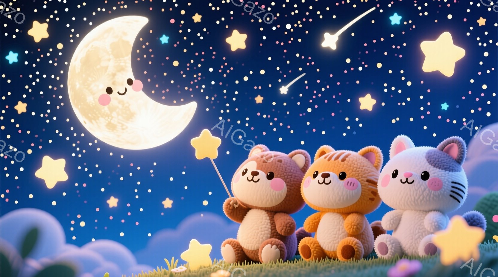 ふわふわとしたクマとウサギのキャラクターが、星が輝く夜空の下、緑の丘の上に座っています。クマたちはそれぞれ手に星形の光を握り、ウサギは穏やかな表情を浮かべています。背景には雲が浮かび、全体的に夢のよう - AI生成フリー素材