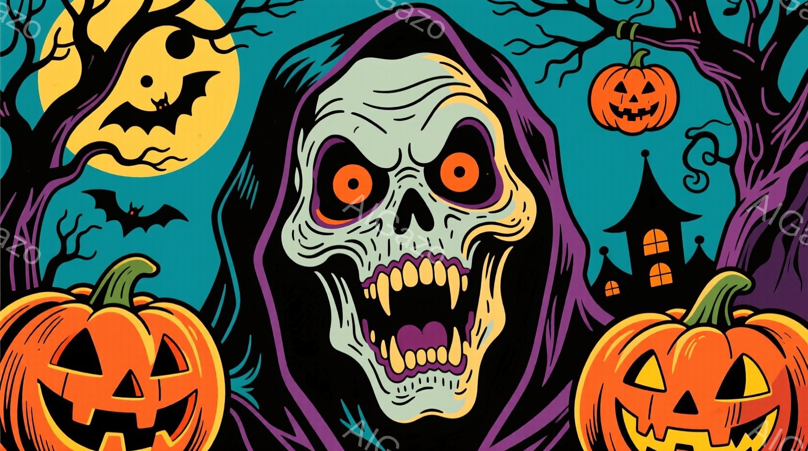 不気味な雰囲気の中で、骸骨のような顔をした人物が大きく画面中央に配置されています。紫色のフードを被り、鋭い牙をむき出しにした表情は恐ろしい印象を与えます。背景には、ハロウィーンらしいカボチャのランタン、不気味な屋敷、そして夜空を舞うコウモリが描かれ、暗く不気味なハロウィーンの夜を表現しています。