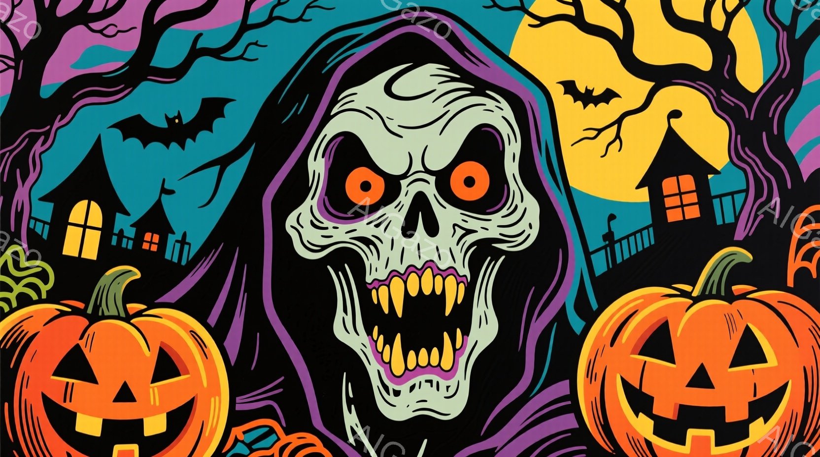 不気味なスケルトンの顔が中央に大きく描かれており、紫色のフードで覆われている。背景には、ハロウィーンの建物、ジャック・オ・ランタン、夜空に舞うコウモリが見られ、全体的に不気味でハロウィーンらしい雰囲気を醸し出している。オレンジと紫の鮮やかな色彩が、一層この不気味さを強調している。