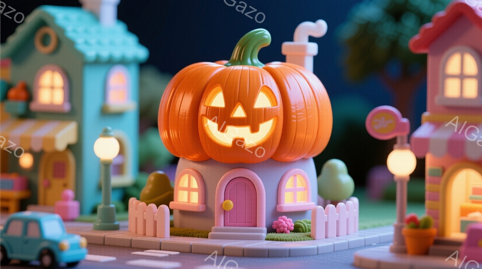 カラフルで可愛らしい街並みが描かれており、その中心にはカボチャを屋根としたピンク色の家が建っています。家の周りには白いフェンスが並び、小さな車や街灯、植木などが配置されていて、ハロウィーンのようなお祭 - AI生成フリー素材