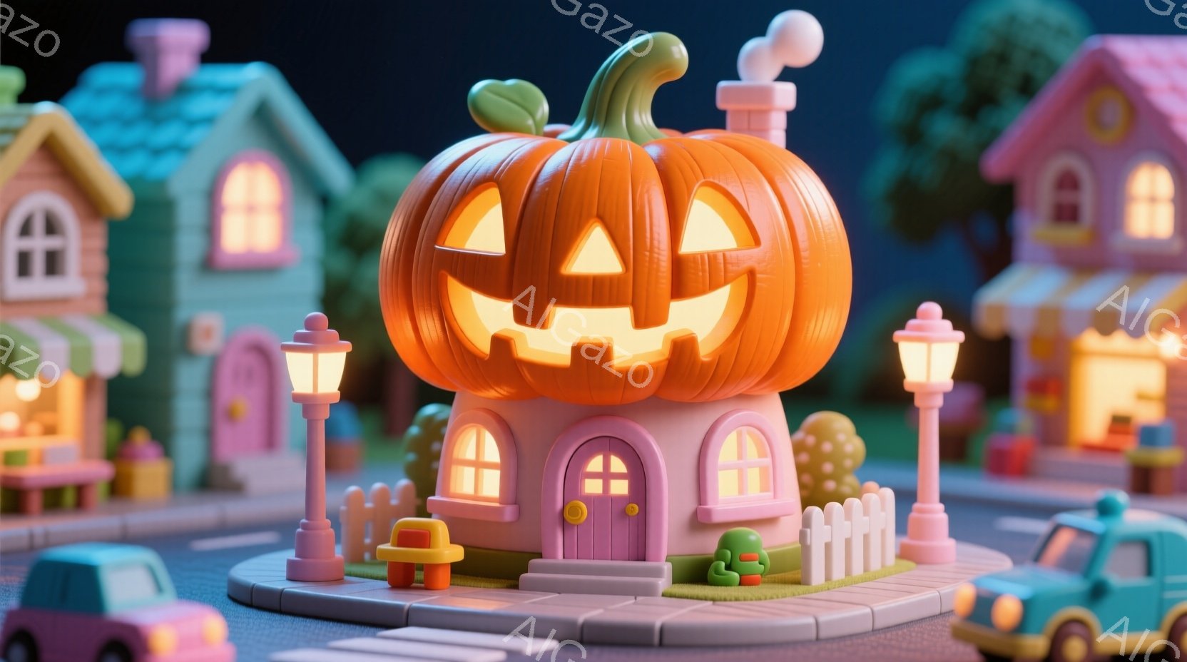 鮮やかな色彩で描かれた可愛らしい街並みの中に、カボチャを屋根としたピンク色の家が中央に位置しています。夜空の下、街灯が灯り、歩道には小さな車が並び、ハロウィンの雰囲気を醸し出しています。全体的に暖かく - AI生成フリー素材