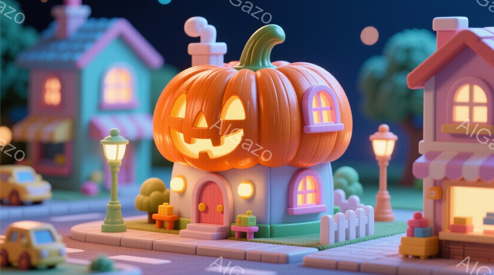 ハロウィーンをテーマにした可愛らしい街並みを捉えています。カボチャを模した家が中心に配置され、周囲にはパステルカラーの可愛らしい建物が並んでいます。街灯が灯り、夜の穏やかな雰囲気を醸し出しています。 - AI生成フリー素材