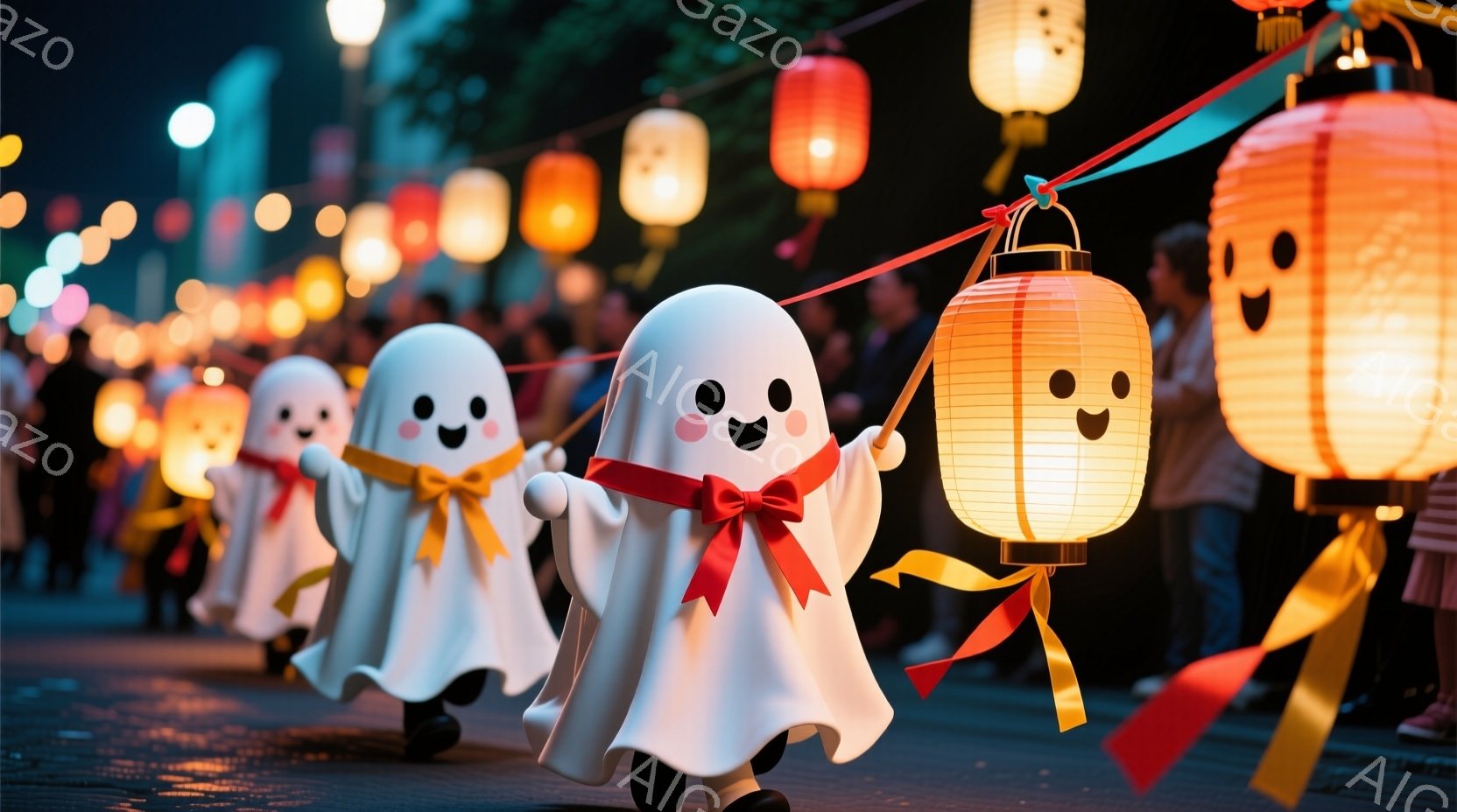 白い幽霊の衣装を着た子供たちが、赤いリボンを締め、提灯を持って道を歩いています。提灯には笑顔の顔が描かれており、夜道を明るく照らしています。背景にはぼやけた光の帯があり、お祭りのような賑やかな雰囲気が漂っています。