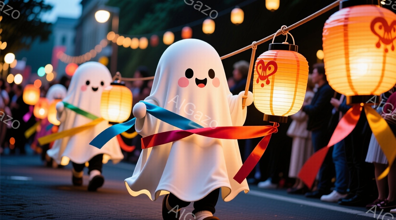 白い幽霊のような衣装を着た人々が、提灯を手にしながら列をなして歩いている様子が写っている。提灯はオレンジ色に光り、それぞれ異なる色のリボンが取り付けられている。背景にはぼやけた建物と観客が見え、夜間の - AI生成フリー素材