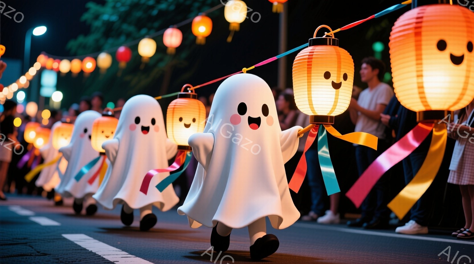 提灯を持った可愛らしい幽霊のコスチュームを着た人々が、夜の道路を歩いています。各幽霊はカラフルなリボンで飾られ、提灯には笑顔が描かれており、楽しげな雰囲気を醸し出しています。背景にはぼんやりと人々が見 - AI生成フリー素材