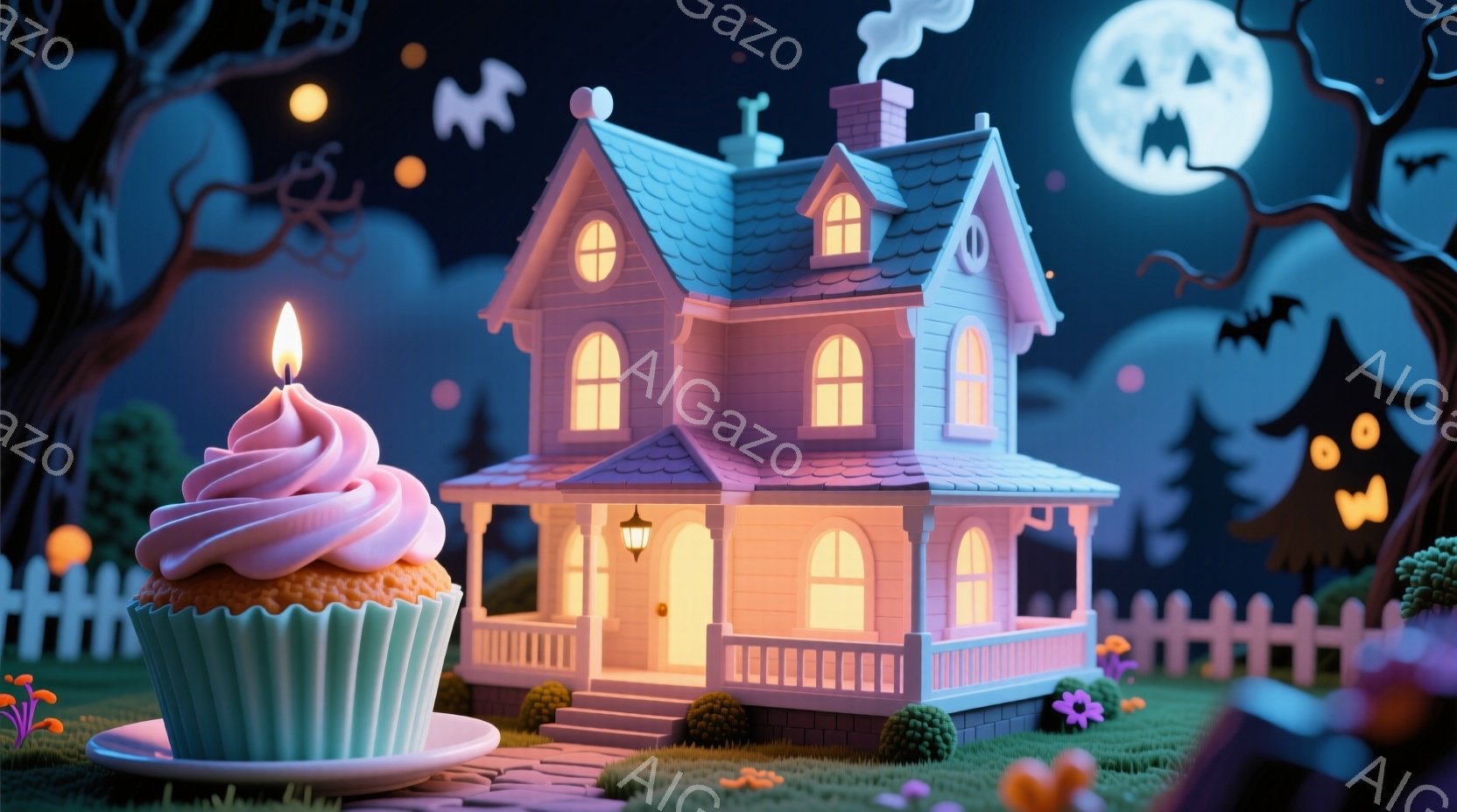 夜の背景には、ハロウィーンらしい満月とコウモリが描かれ、少し不気味な雰囲気を作り出しています。可愛らしいピンク色の家は窓から温かい光を放ち、暖かく歓迎的な印象を与えます。前景には、クリームとキャンドル - AI生成フリー素材