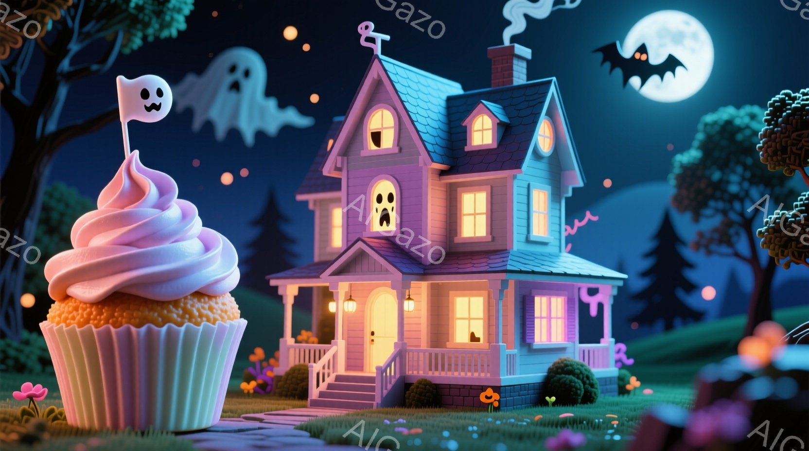 Halloweenステージ：一輪の点灯カートを持つ、パニックする幽霊が映る邸宅前で、あたりは晩、月明かりが燃えている。 人物：激しく恐れているような表情をしている。 動作や姿勢：飛んで駆け、胸の部分が上下に伸びたように躍っている。