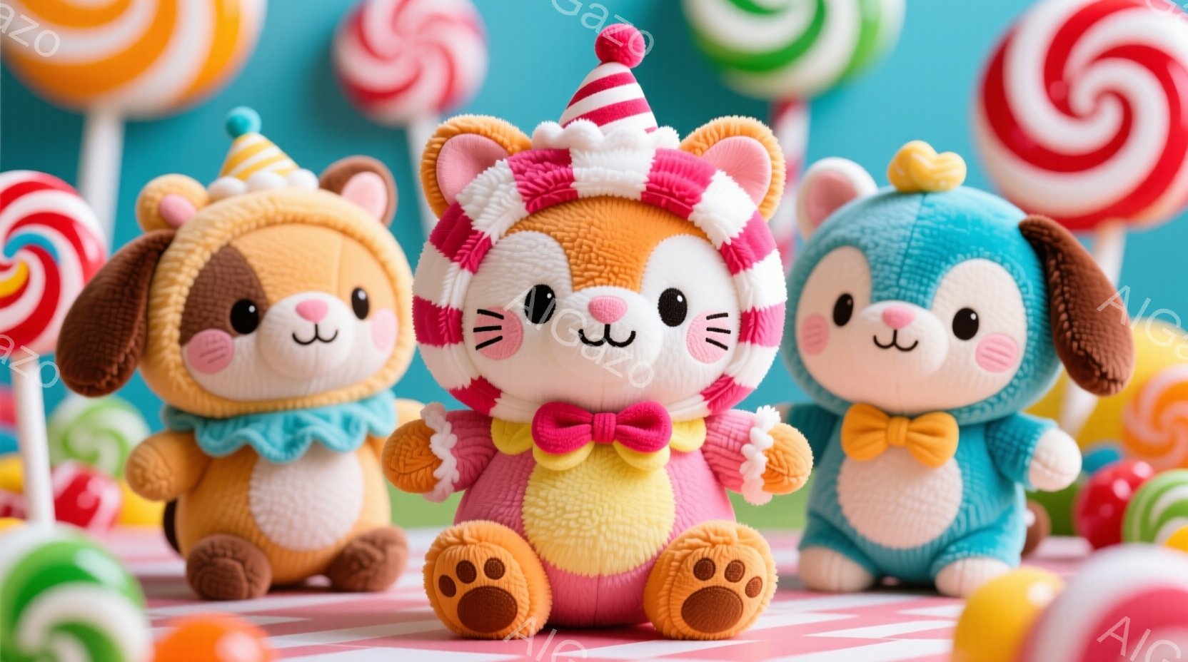 3匹のかわいいぬいぐるみたちが、カラフルなキャンディの背景に並んでいます。それぞれのぬいぐるみは異なる色の衣装を着ており、頭にはお祝いの帽子をかぶっています。全体的に明るく、お祭りやパーティーのような - AI生成フリー素材
