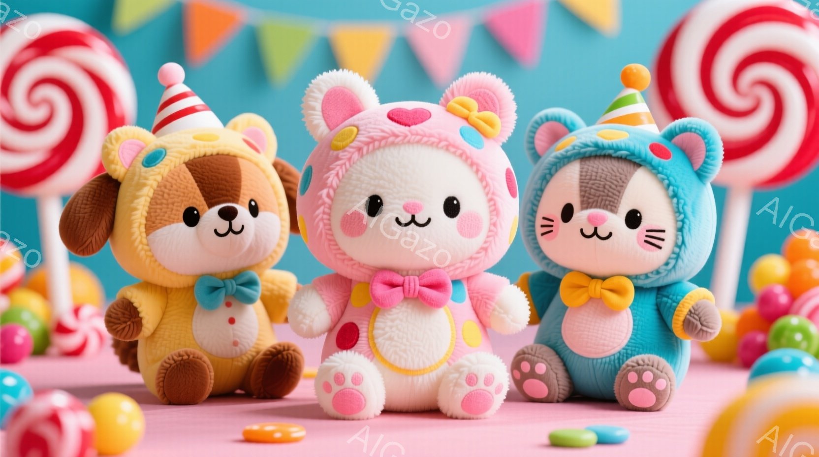 3匹のかわいい動物のぬいぐるみ（犬、猫、クマ）が、カラフルなキャンディや粒々のお菓子に囲まれて座っています。それぞれ、黄色、ピンク、水色の可愛らしい衣装を着ており、頭にはお祝い用の帽子が載っています。背景は明るい水色で、お菓子の粒々が散りばめられており、全体的に明るく、お祝いムードに満ちた雰囲気です。