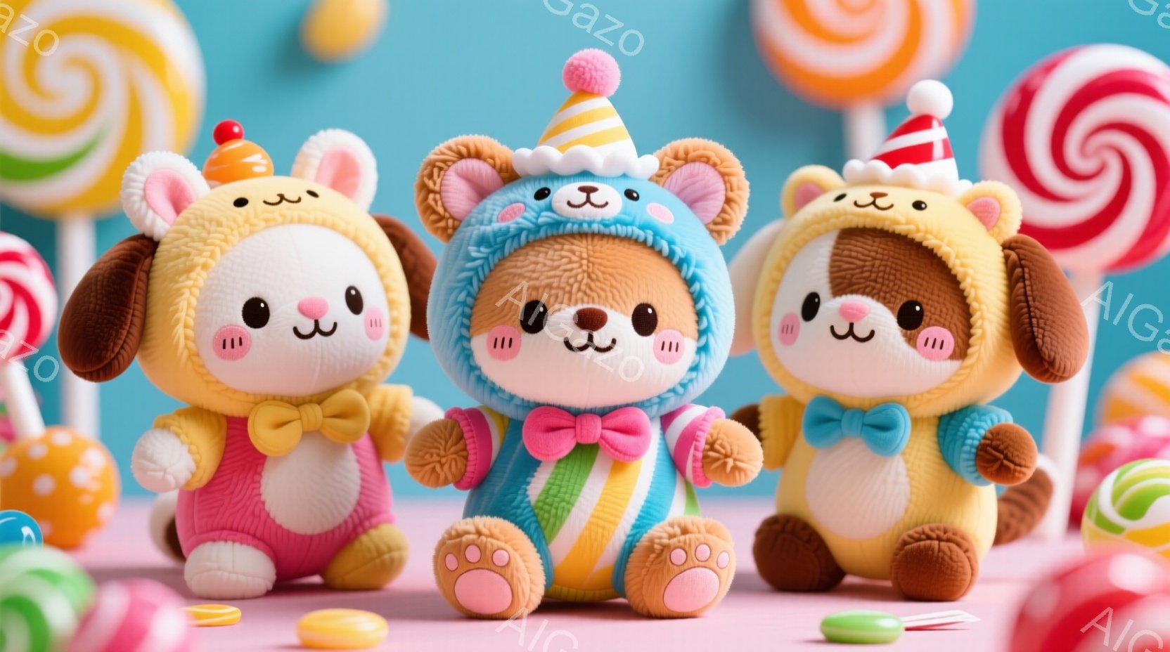 三匹のかわいい犬のぬいぐるみが並んで立っています。それぞれ異なる色のジャンプスーツと、頭にはお祝いの帽子をかぶっています。背景にはカラフルなキャンディが散りばめられており、全体的に明るく楽しい雰囲気が - AI生成フリー素材
