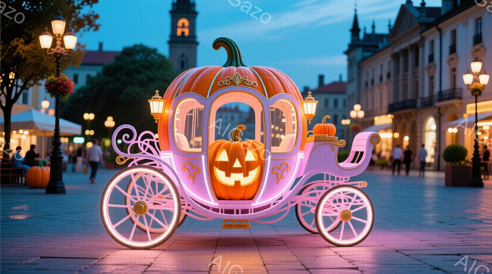 広場に置かれたカボチャの形をした馬車が印象的です。馬車はオレンジとピンクの色合いで、ハロウィーンの雰囲気を醸し出しています。背景には石畳の道、華やかな建物、そして夕暮れ時の穏やかな空が広がっており、幻 - AI生成フリー素材