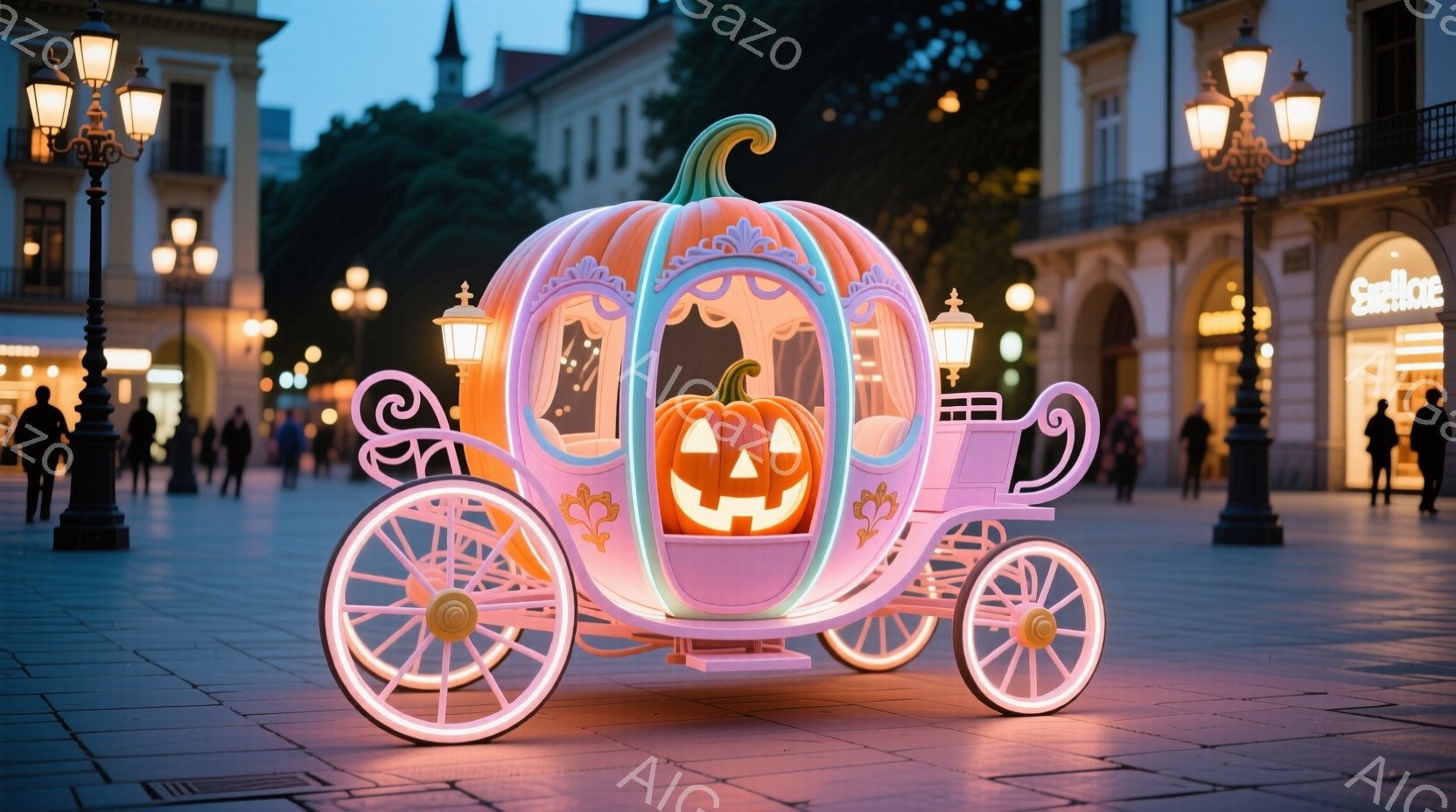 広場には、ハロウィンを思わせるカボチャ型の馬車が置かれており、明るいオレンジとピンク色の光を放っている。背景には、歴史的な建物が並び、薄暗い空の下、静かな夜の雰囲気が漂っている。馬車は装飾的で、まるで - AI生成フリー素材