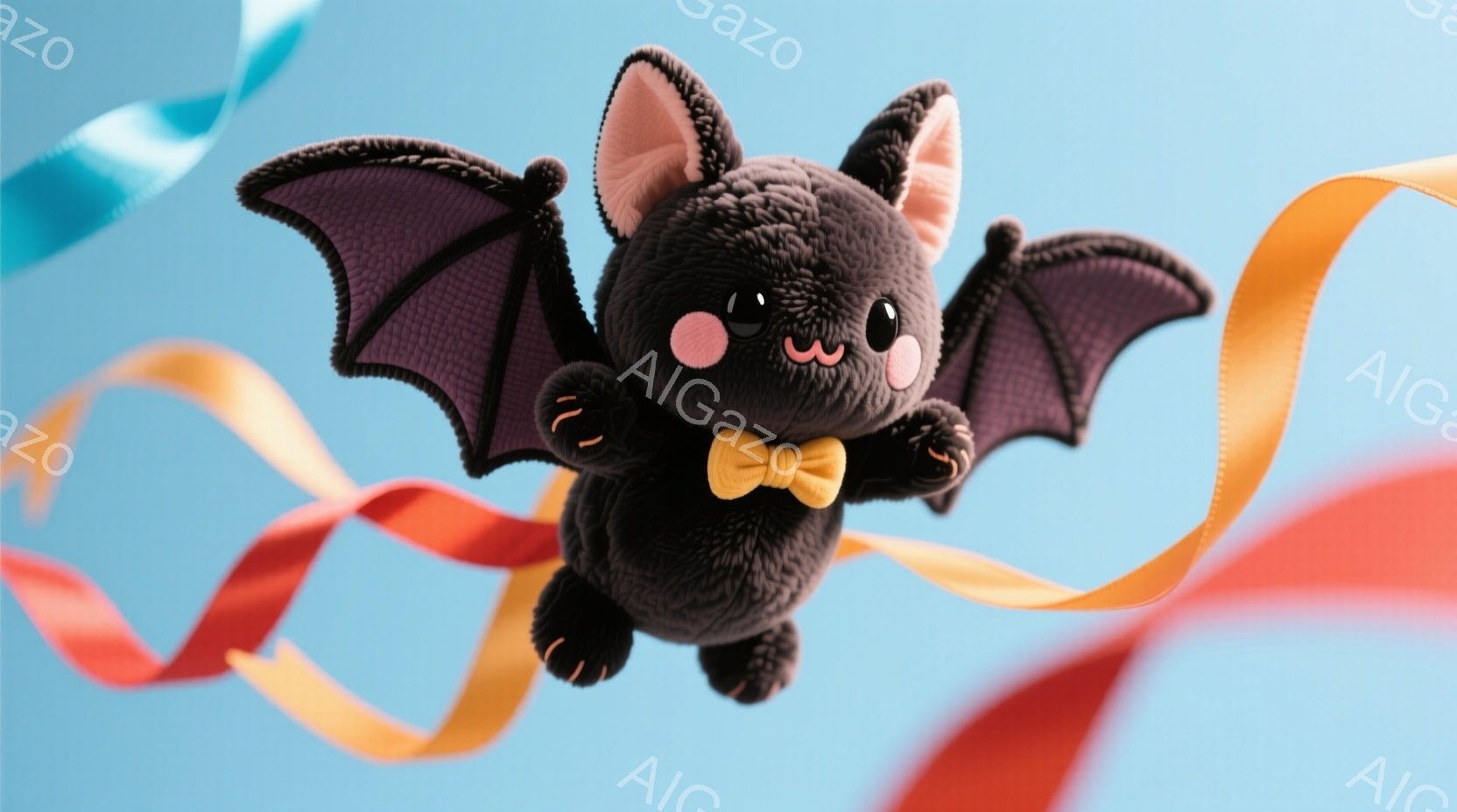 黒いふわふわのコウモリのぬいぐるみは、明るいオレンジ色の蝶ネクタイをつけて空中に浮かんでいます。大きな目は輝いていて、口元は微笑んでおり、愛らしい表情をしています。背景には、赤、オレンジ、青のカラフル - AI生成フリー素材