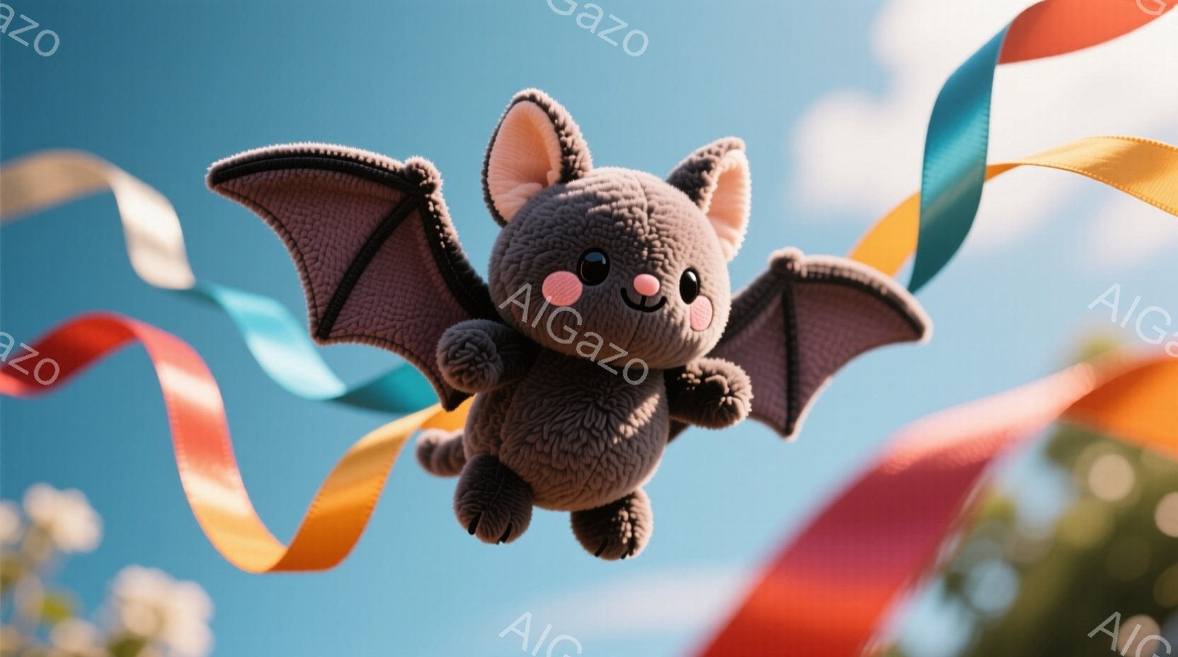 ふわふわの灰色のコウモリのぬいぐるみは、翼を広げて空中に浮かんでいます。明るいピンクの頬と愛らしい笑顔が特徴で、周囲には赤、オレンジ、黄色、ターコイズのカラフルなリボンが舞っています。背景には青空と緑の葉っぱが見え、全体的に軽快で夢のような雰囲気が漂っています。