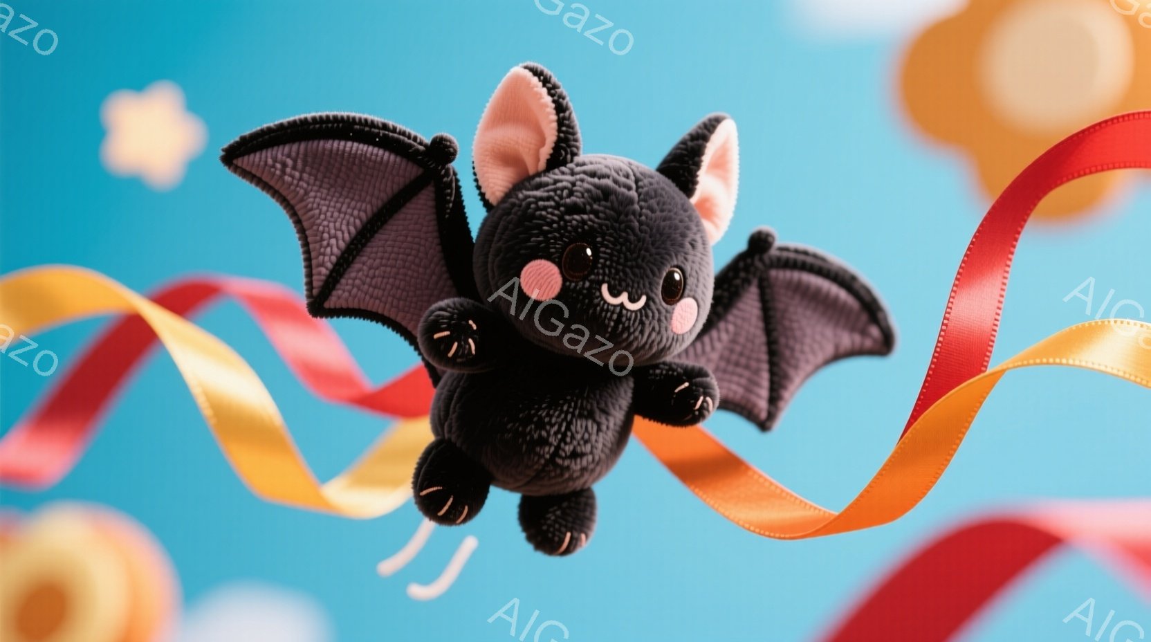 黒いふわふわのコウモリのぬいぐるみは、オレンジと赤のりぼんに囲まれて空中に浮かんでいます。大きなつぶらな瞳とわずかに微笑んだ口元が愛らしい表情を作り出しており、全体的に柔らかく可愛らしい雰囲気を醸し出 - AI生成フリー素材