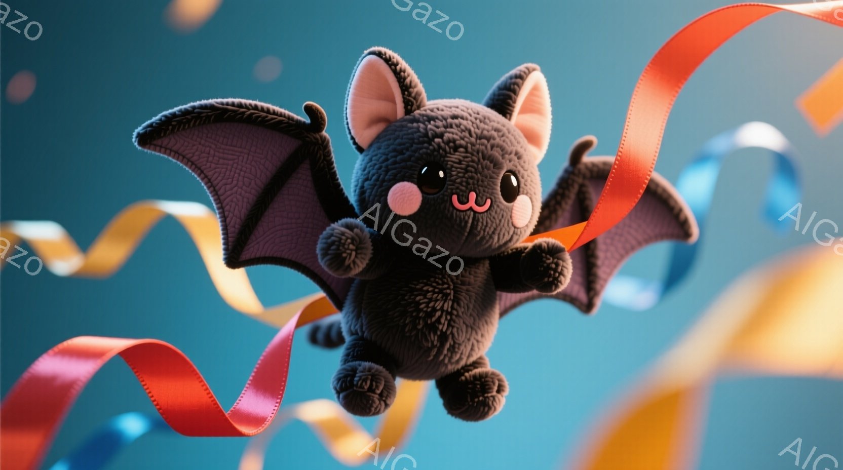 黒くてふわふわしたコウモリのぬいぐるみは、空中でリボンに囲まれて浮かんでいます。大きなつぶらな瞳とほんのりとした笑顔が愛らしい表情を作り出しています。背景はターコイズブルーで、リボンの明るい色が楽しげ - AI生成フリー素材