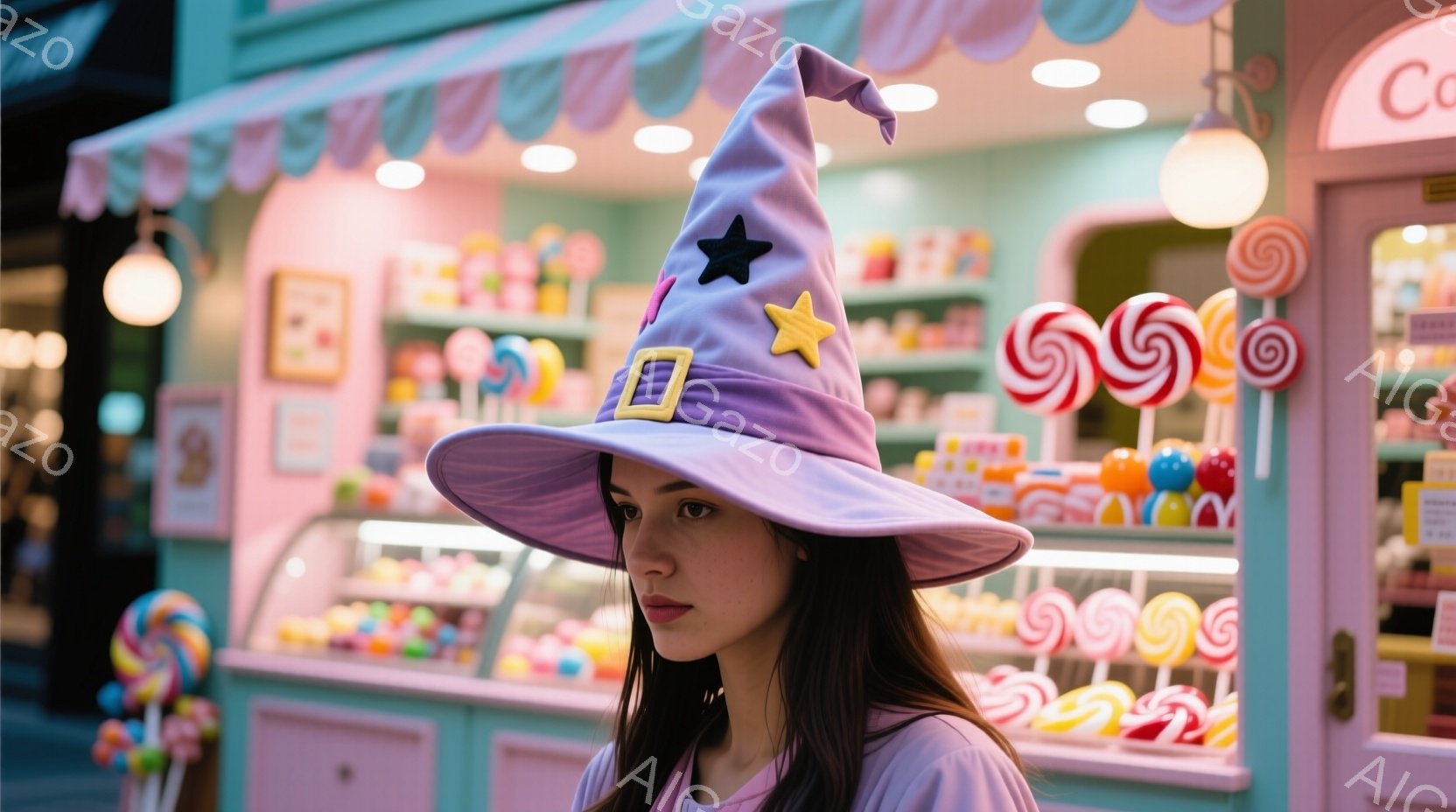 長い黒髪の女性が、星と月が飾られた紫色の帽子を被っています。彼女は薄紫色の服を着ており、少し憂いを帯びた表情で横を向いています。背景には、カラフルなキャンディが並んだお菓子の店があり、夢のような雰囲気を醸し出しています。