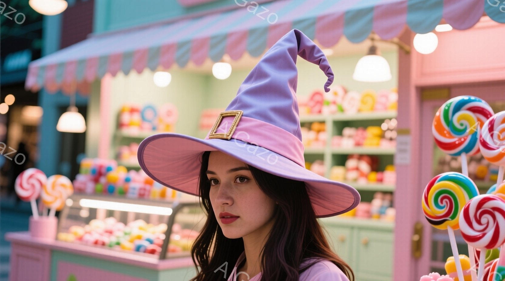 黒髪の女性が、ピンク色の縁取りのある紫色の魔女帽子をかぶっています。彼女は、少し眉をひそめ、どこか憂いのある表情をしています。背景には、カラフルなキャンディが並んだお菓子屋があり、薄暗い光が彼女を照らしています。