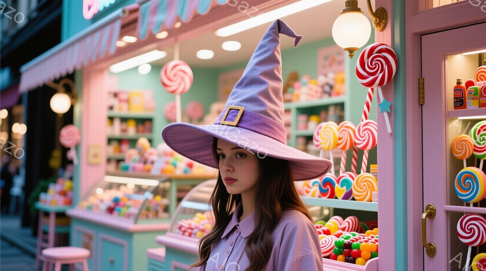 薄紫色の魔女帽子を被った若い女性が写っています。彼女は薄紫色のシャツを着ており、長い茶色の髪はストレートに伸びています。背景には、カラフルなキャンディや甘いお菓子でいっぱいの可愛らしいお菓子屋があり、全体的に夢のような甘い雰囲気を醸し出しています。