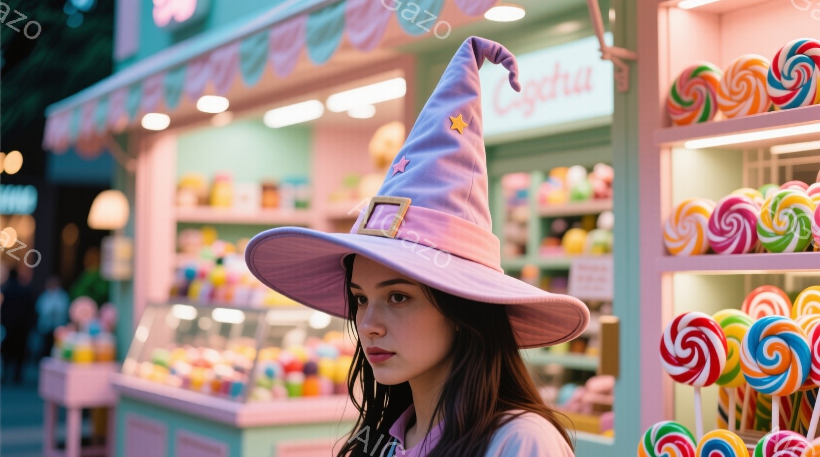 人物は紫色の魔法使いの帽子をかぶっており、髪型は長くリーゼント状です。表情は独り言ったような感じで、対角線上に身体が傾いています。背景は夜の街中で、店舗の窓から見えるインストアと手に入れる可能性があるぱりぱりとした雰囲気が感じられます。