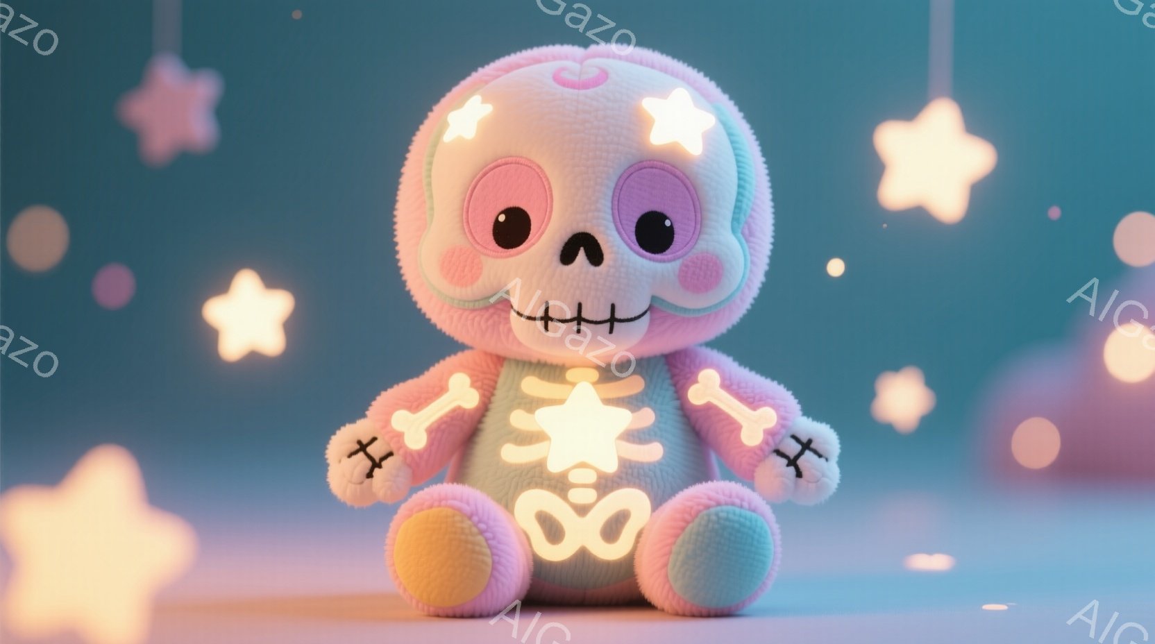ピンク色のふわふわとしたモンスターのようなぬいぐるみです。頭部はドクロの模様で、体には骨の装飾があり、お腹には光る模様が描かれています。背景は水色で、様々な大きさの光る星が散りばめられており、可愛らし - AI生成フリー素材