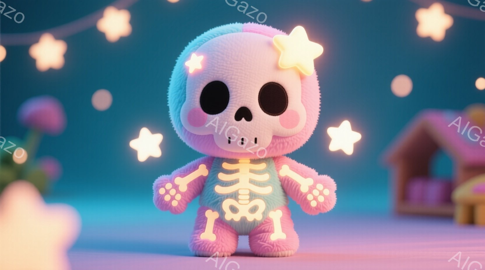 ピンク色の背景に、かわいらしいガイコツのキャラクターが立っています。このキャラクターはふわふわした質感で、ピンク色の手足と頭蓋骨が特徴で、大きな黒い目で愛らしい表情をしています。背景には、星や小さな家 - AI生成フリー素材