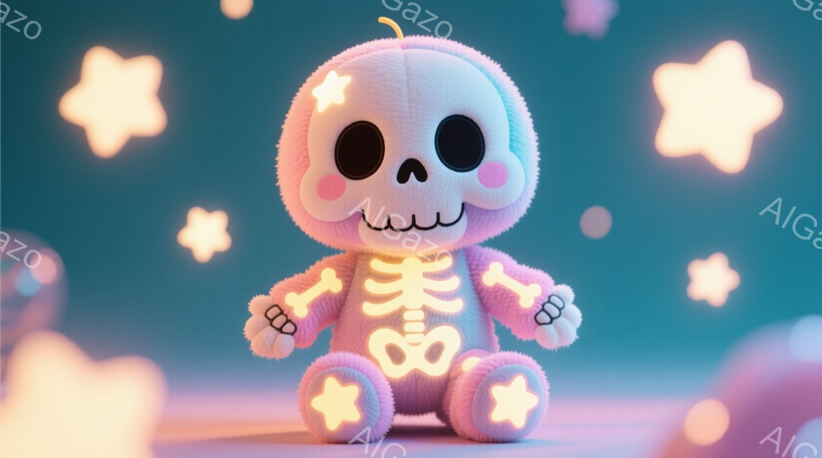 鮮やかなピンク色のぬいぐるみのようなガイコツが、青緑色の背景に浮かんでいます。大きな黒い目で可愛らしい表情をしており、小さな手には骨の形をしたおもちゃを持っています。背景には、さまざまな色の星が散りばめられ、夢のような雰囲気を醸し出しています。