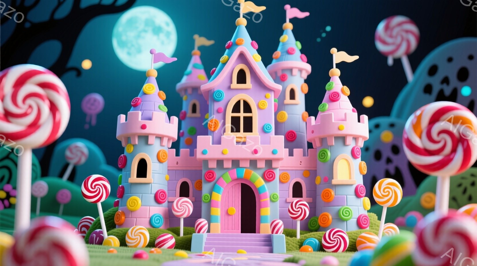 カラフルなキャンディで飾られた可愛らしいお城が、緑の芝生の上に建っています。背景には、巨大なキャンディや丸い形の植物が見え、夜空には満月が輝いています。全体的に、夢のようなお菓子の国を表現した、遊び心あふれる雰囲気です。