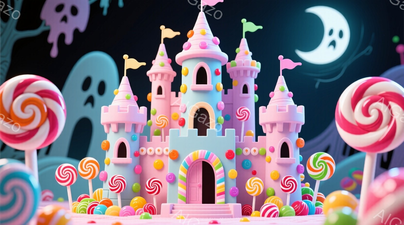 ピンク色のキャンディのようなお城が中央に位置し、周りにはカラフルな棒付きキャンディが立ち並んでいます。背景は暗い空とシルエットの幽霊、そして月で、ハロウィーンのような雰囲気を醸し出しています。全体的に - AI生成フリー素材