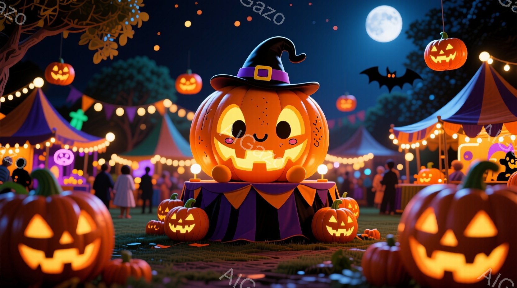 広場ではハロウィーンの夜祭が開かれており、様々な大きさのジャック・オ・ランタンが至る所に飾られています。中央には魔女帽子をかぶった大きなジャック・オ・ランタンがテーブルの上で微笑んでおり、背景にはカラフルな屋台と人々が楽しげに歩き回る姿が見えます。夜空には満月が輝き、暖かいオレンジ色の光とハロウィーンらしい飾り付けが、お祭り全体の楽しい雰囲気を高めています。