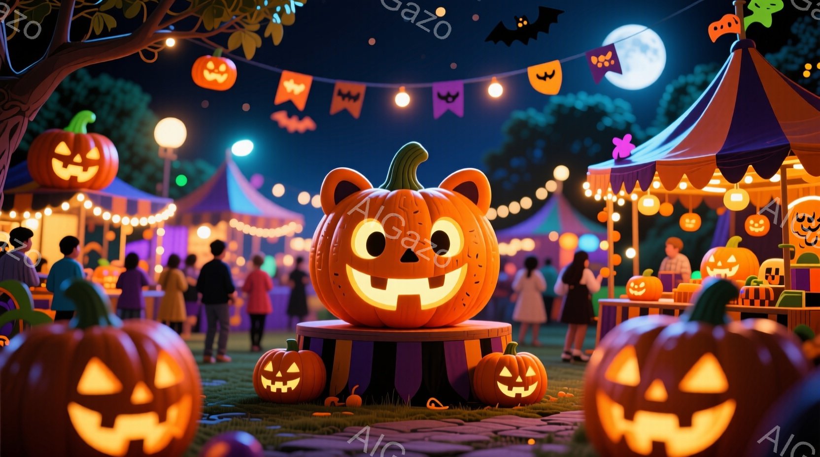 ハロウィーンの夜の賑やかな祭りの様子が描かれています。人々はカジュアルな服装で、楽しそうに屋台を覗いたり、お互いに話したりしています。背景には、カボチャのランタンや装飾が施された屋台が並び、夜空には満 - AI生成フリー素材