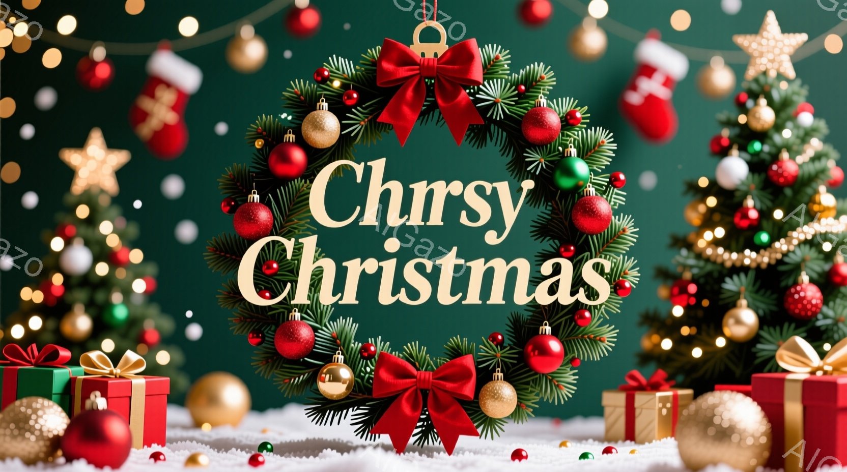 鮮やかなクリスマスをテーマにした静物画で、赤いリボンで飾られた緑のクリスマスリースが中央に配置されています。画面下部には、様々な色のギフトボックスが雪の上に並べられ、背景にはぼやけたクリスマスツリーが配置されています。全体的に暖かく、お祝いムード満点の雰囲気です。