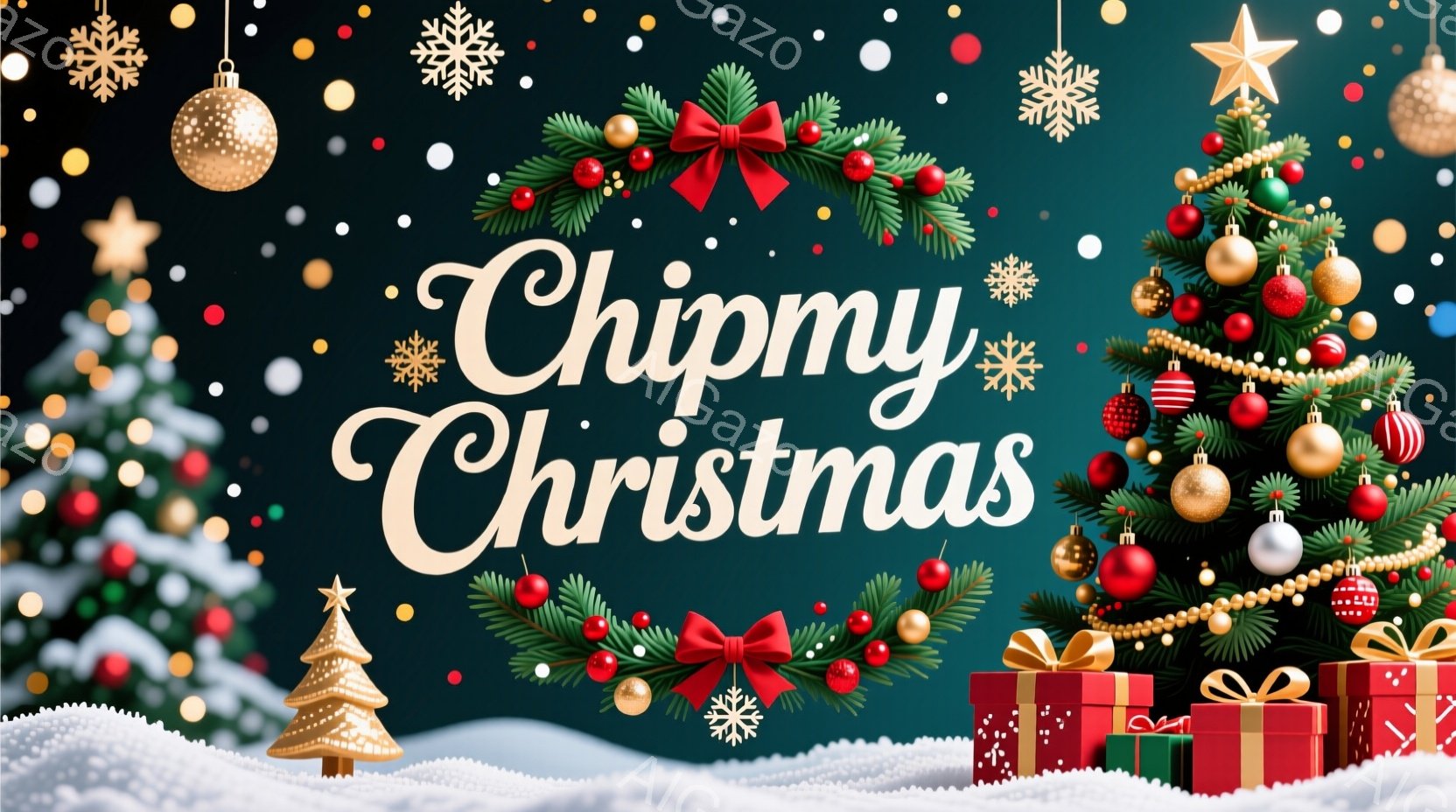 深緑色の背景に、クリスマスツリーとプレゼントが散りばめられた、華やかなクリスマスシーンです。ツリーには金色の星やオーナメントが飾られ、赤いリボンで彩られたクリスマスリースが浮かんでいます。雪が舞い降り - AI生成フリー素材