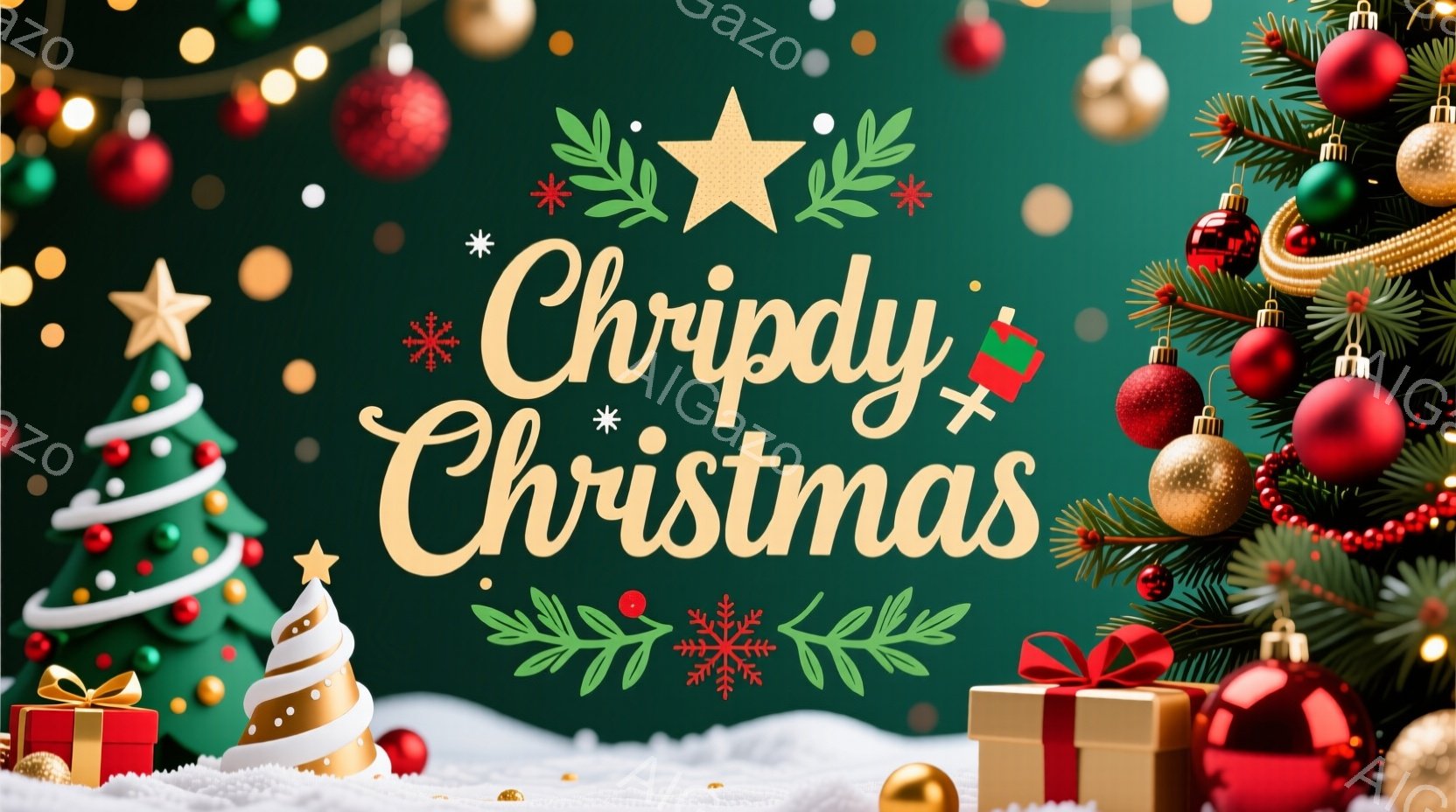 クリスマスをテーマにした装飾が施された背景で、緑色のクリスマスツリー、赤いオーナメント、金色の星が散りばめられています。雪が積もった地面には、赤と金の包装紙で包まれたプレゼントボックスが置かれ、華やか - AI生成フリー素材