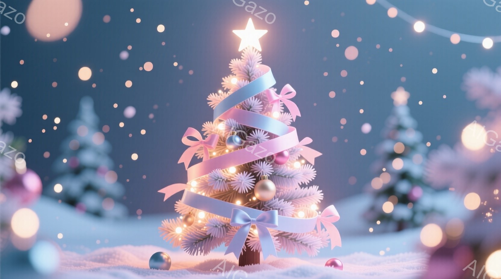 雪が舞う幻想的な背景に、白く輝くクリスマスツリーが飾られています。ピンクのリボンと電飾が施され、頂上には星が輝き、雪の上に置かれたオーナメントが可愛らしい雰囲気を醸し出しています。全体的に、温かく優し - AI生成フリー素材